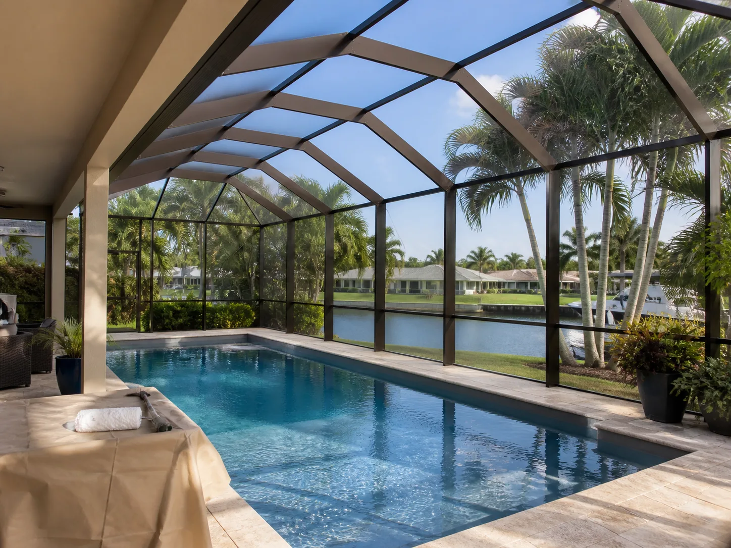 Pool enclosure with a dark frame and screen panels