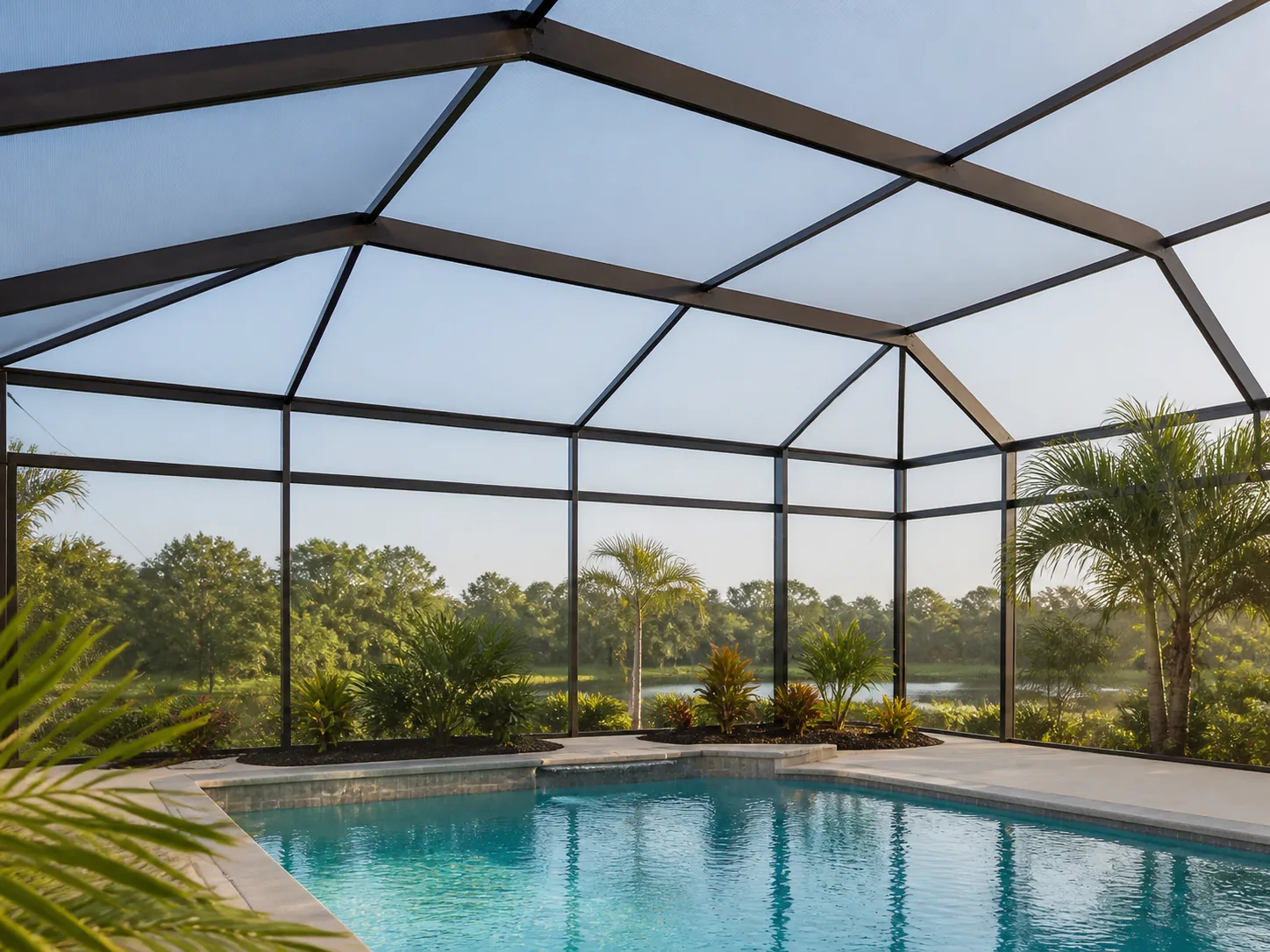 Screened enclosure surrounding a swimming pool and patio