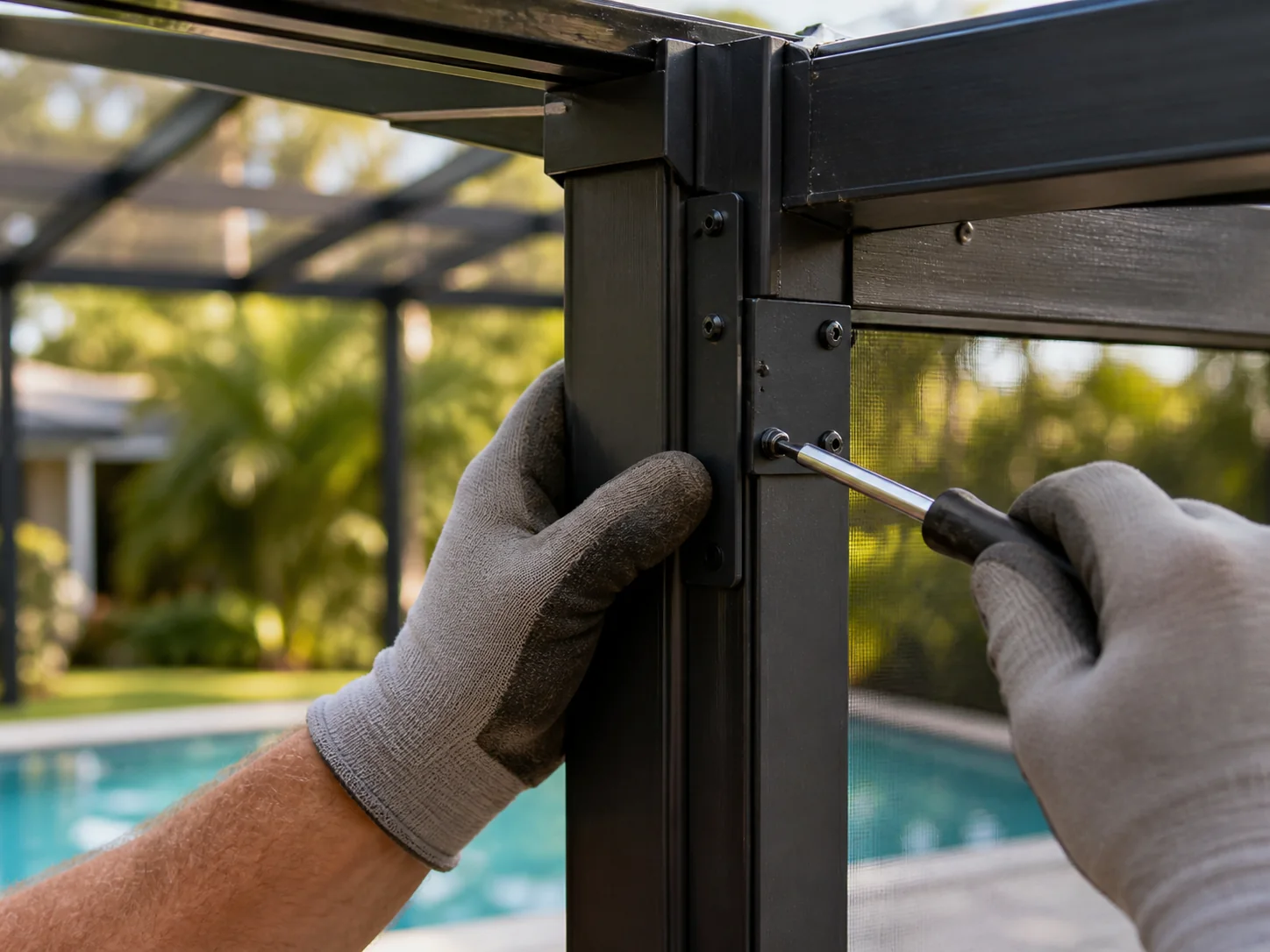 Close-up of work on a pool cage frame joint