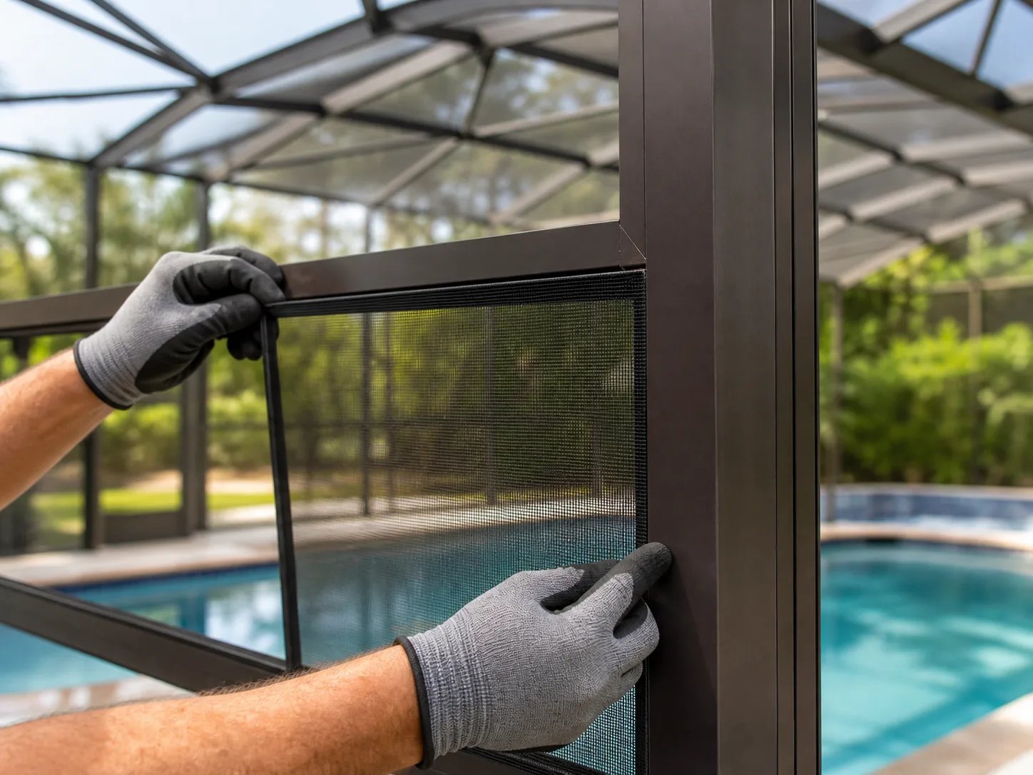 Close-up of screen mesh being fitted into an enclosure frame